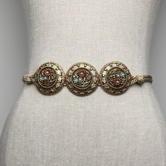 Vintage Boho Medallion Rope Belt Gold Tone Adjustable Tie Festival Summer main image 4